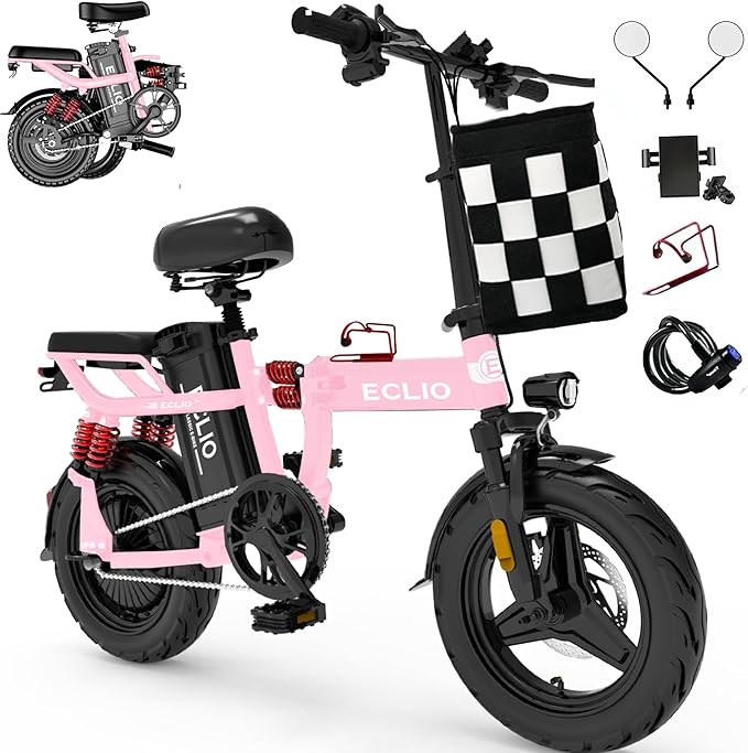 Folding Electric Bike, Peak 800W Motor 25MPH,48V 14Ah Removable Battery 55Miles Ebike,14'' Lightweight Adults Electric Bicycles for Men/Women/Teens,Mini E-Bike,Full Suspension