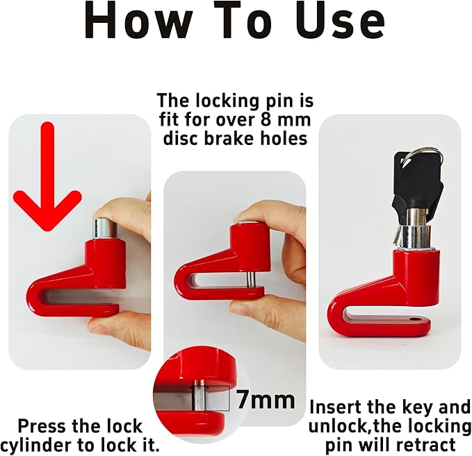 Heavy Duty Motorcycle Bike Disc Brake Lock, Anti-Theft Waterproof Wheel Lock Safety Disc Lock Padlock for Scooters and Mountain Road Cycling with Two Keys(Red)