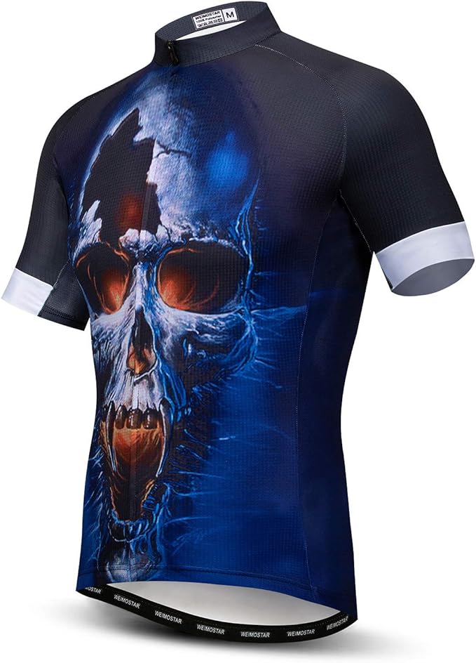 Men Cycling Jersey Skull Bike Short Sleeve Tops Quick-Dry Reflective 3-Pockets S-3XL