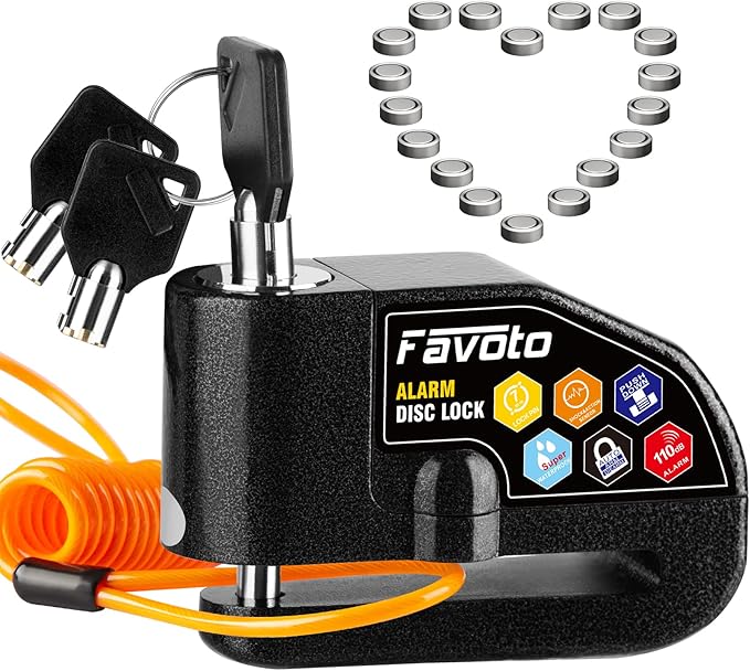 Favoto Alarm Disc Lock, 3 Keys and 18 Batteries (5-Year Availability), 110 dB Waterproof Anti-Theft Security Brake Padlock, 7mm Lock Pin with Reminder Cable, Fit for Motorcycle E-Bike Bicycle Scooter
