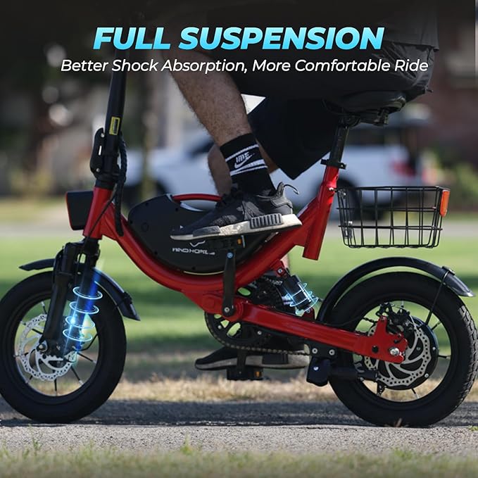Electric Bike with Basket, 14" Folding Ebike 22 MPH, 35 Miles Range, Dual Suspension, 715W Peak Brushless Motor with 30° Uphill, Adjustable Seat, Commuter Electric Bicycle for Adults 330LBS Load