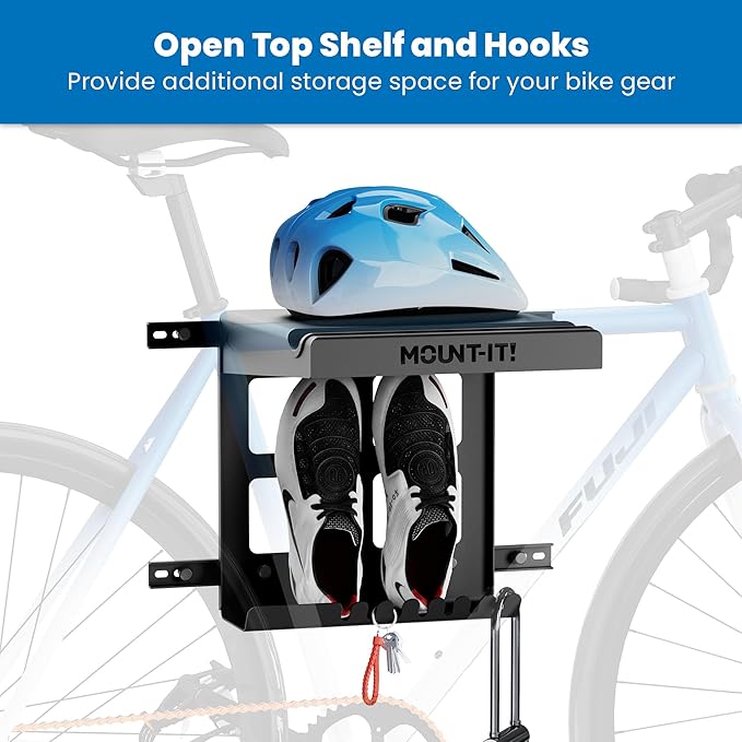 Mount-It! Bike Wall Mount Rack with Shelf and Hooks, Horizontal Indoor Bike Rack Garage Home, Space Saving Wall Mounted Hanger for a single Road, Mountain or other Bicycle with Extra Storage, Black