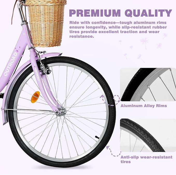Betterland Beach Cruiser Bike for Women, 24/26 inch Hybrid Bike with Adjustable Seat, Womens Bike with Front Basket and Dual V-Brake, Step Through Comfort Bicycle for City Commuter