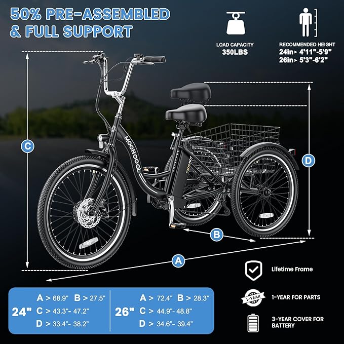 MOONCOOL MONCOOL Adult Electric Tricycle, 350W Front Drive Motor (Peak 700W), 15.5MPH E-Trike with Removable 36V 14.5Ah Battery, 60 Miles Range, 24/26 Inch 7-Speed 3 Wheel Electric Bike, Large Basket