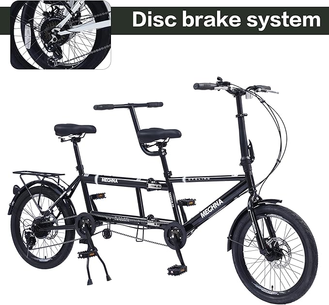 Foldable Tandem Bike, 20”City Tandem Folding Bicycle, 7-Speed Adjustable Cruiser Bike Folding Bike with 3 Seats& Disc Brake, CE FCC CCC