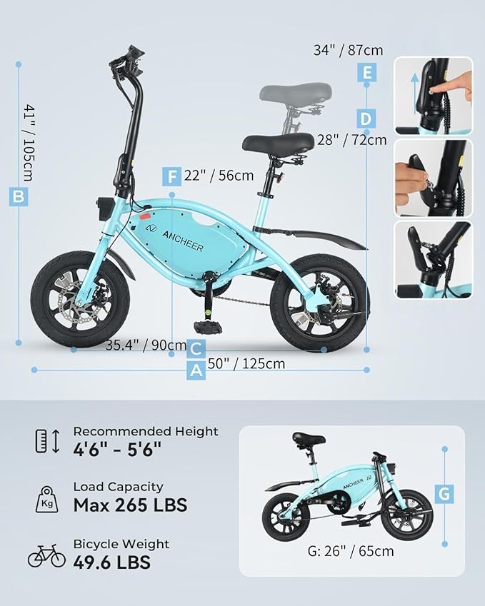 ANCHEER 14” Folding Electric Bike for Adults, 20MPH Ebike with 350W Motor[Peak 500W], 48V 374Wh Battery, Cruise Control, UL2849 Compliant Electric Bicycle, Compact Electric Mini Bike for Teens
