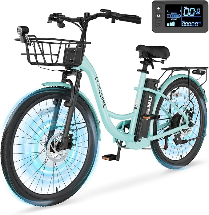350W Electric Bike for Adults, 20MPH 7-Speed Commuter Ebike with 36V 10.4Ah Battery, Aluminum Frame, Front Suspension, Dual Disc Brakes, E Bicycle with Basket & Rear Rack, 330 lbs Load