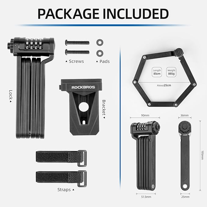 ROCKBROS Folding Bike Lock with Mount - Heavy Duty Anti Theft 4-Digit Foldable Lock