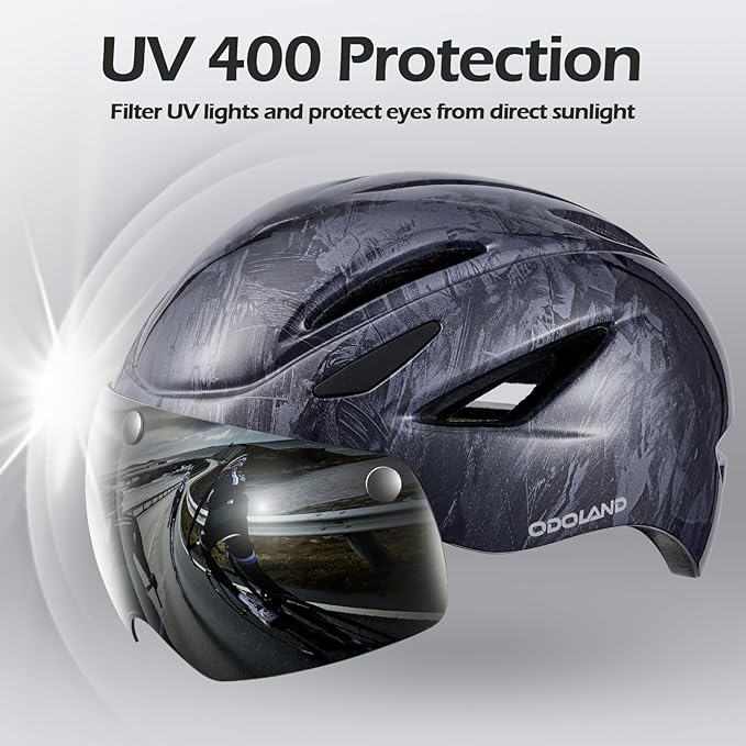 Odoland Bike Helmet with Magnetic Sun Visor for Adults, Glasses-Friendly Design Adjustable Dial Cycling Helmet for Men & Women, Urban Riding Bicycle Helmet for Mountain, Road, E-Bike, Commuting