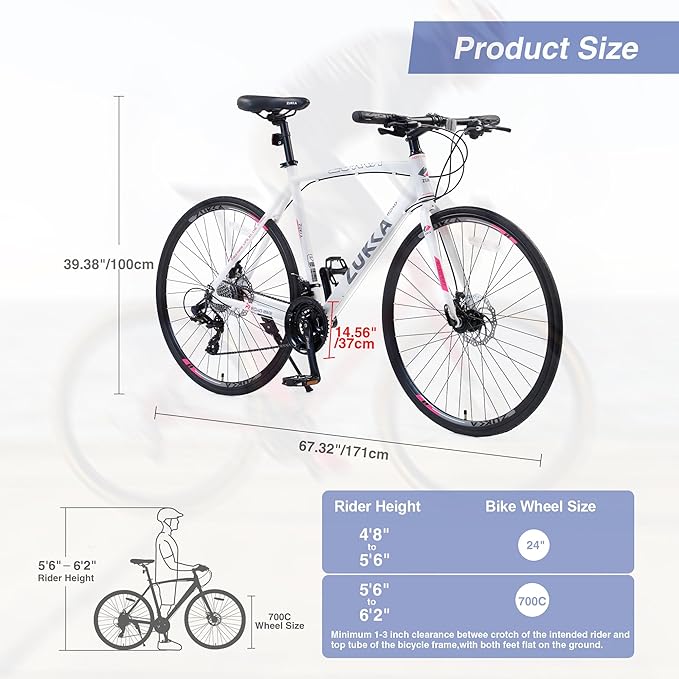 700C Road Hybrid Bike 24 Speed City Bicycle with Dual Disc Brakes, Aluminum Frame, Road Bike for Men Women Adult Comfortable Bicycle