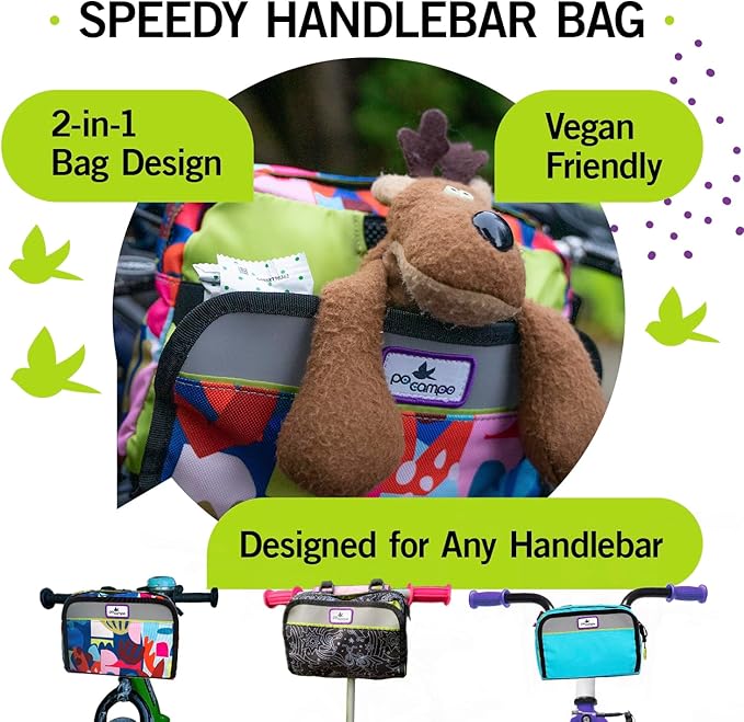 Po Campo Kids Bicycle Bag - Speedy Front Frame Bike Handlebar Bag Fabric Bike Basket Waterproof Front Mount Bike Bag for Boys Girls Bike or Scooter Handle Bars Converts to Crossbody Bag
