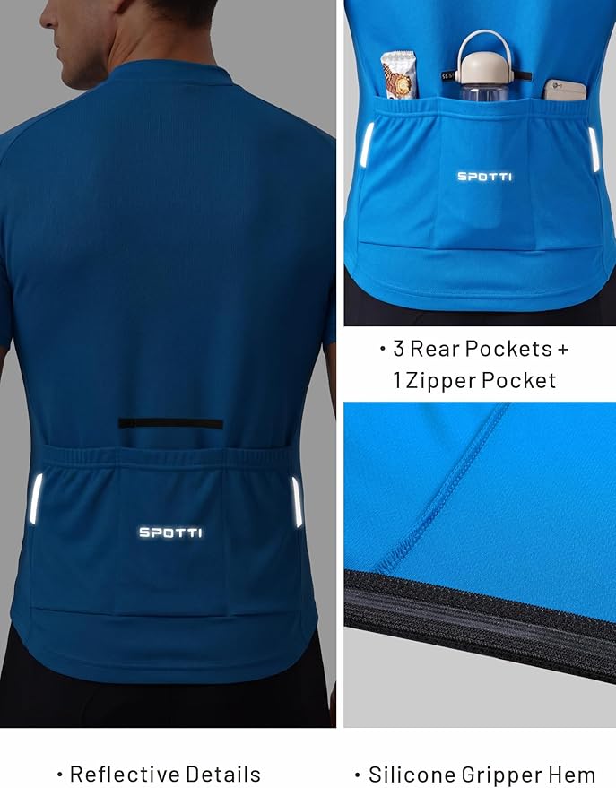 Spotti Men's Cycling Bike Jersey Short Sleeve with 3 Rear Pockets- Moisture Wicking, Breathable, Quick Dry Biking Shirt