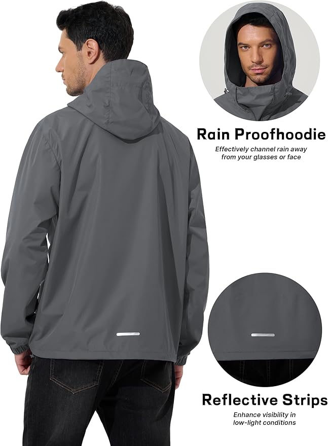 Men's Pullover Rain Jacket Waterproof Windbreaker Lightweight Packable Raincoat for Cycling Running Hiking Golf