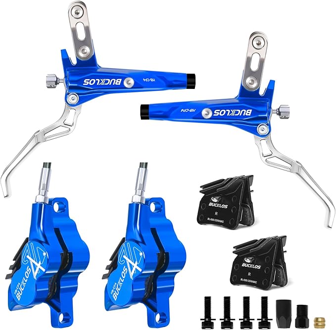 BUCKLOS MTB Hydraulic Disc Brake Set 4 Pistons Front 850mm and Rear 1550mm Hydraulic Brakes with Aluminum Alloy Lever with Caliper Ceramic Brake Pad Fit Mountain Bike,Ebike,Fat Bike HB-CP4 (Pre-Bled)