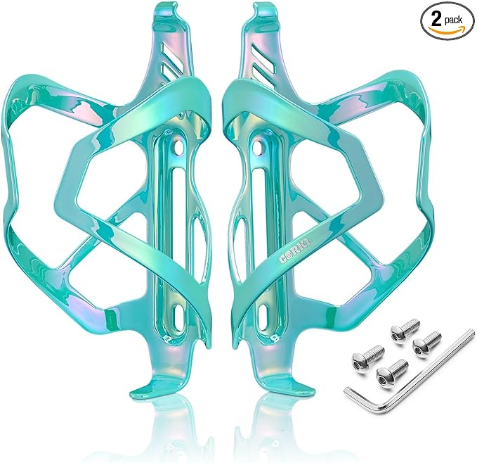 Corki Cycles Heavy Duty Bike Water Bottle Holder, Lightweight Aluminum Cage Shockproof Design for Road Mountain Gravel Bikes, Holds 18-30 oz, 2-Pack Colorful Aqua