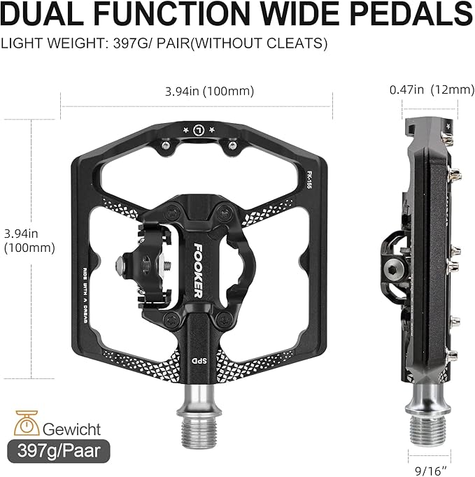 FOOKER MTB Mountain Bike Pedals, Dual Function Flat and Pedal,3 Sealed Bearing Flat Platform Compatible with Clipless Pedal Aluminum 9/16" Pedals with Cleats for Road Mountain BMX MTB
