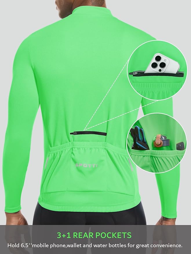 Spotti Men's Cycling Bike Jersey Long Sleeve with 3 Rear Pockets - Moisture Wicking, Breathable, Quick Dry Biking Shirt