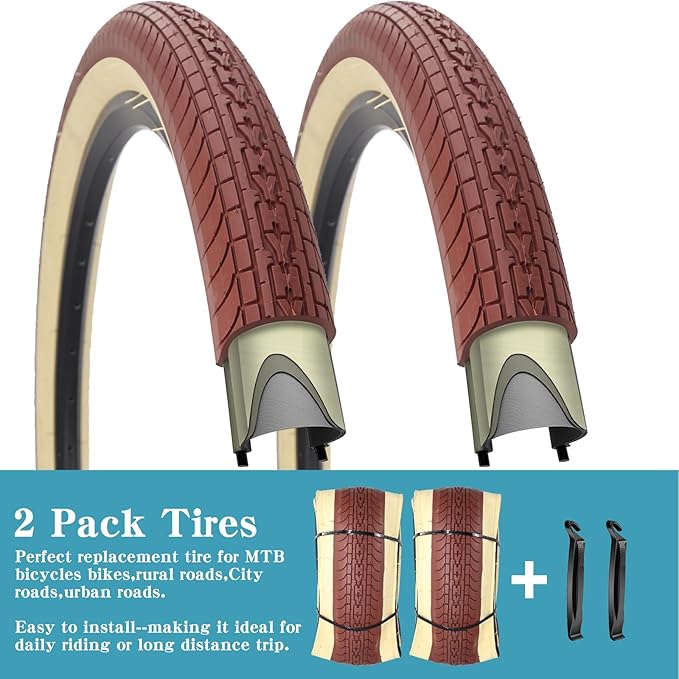 SIMEIQI 26x2.35 20x2.35 Inch Cruiser Beach Bike Tire Black White Wall or Brown Cream Wall Folding Replacement Bicycle Tire for Hybrid City Commuter Trail