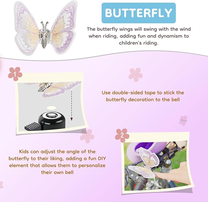 Kid's Bike Bell, Bicycle Horn for Girls, Children’s Bike Bells with Butterfly Design - Cute DIY Bicycle Bell for Girls, Crisp Sound, Easy to Install