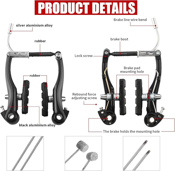 Complete Bike Brakes Set，Inner and Outer Callipers Cables Lever Kit ，Universal Bike Front and Rear MTB Brake with Multi-Tool Wrenches Black