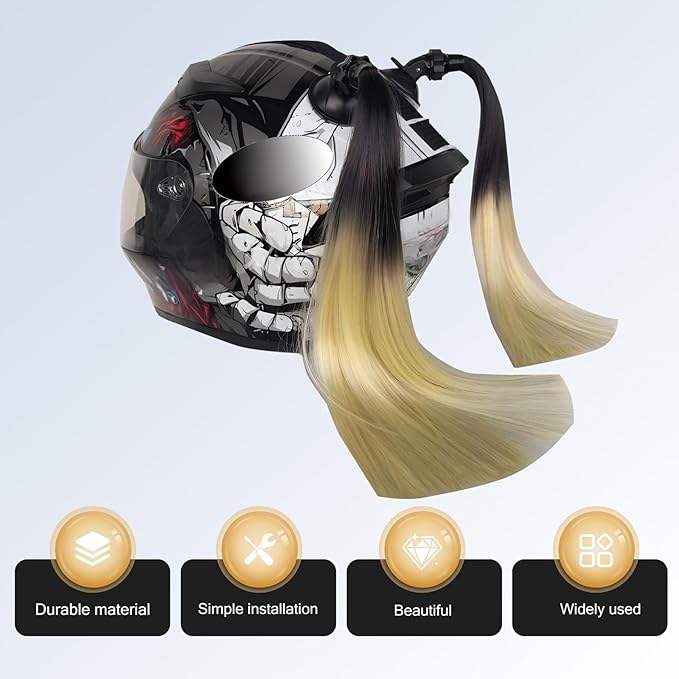 2 PCS Helmet Pigtails, Fun Pigtail Decorations for Helmet with Suction Cup, Detachable Fake Hair Decor, Universal for Motorcycle Bike Helmets (Black & Golden)