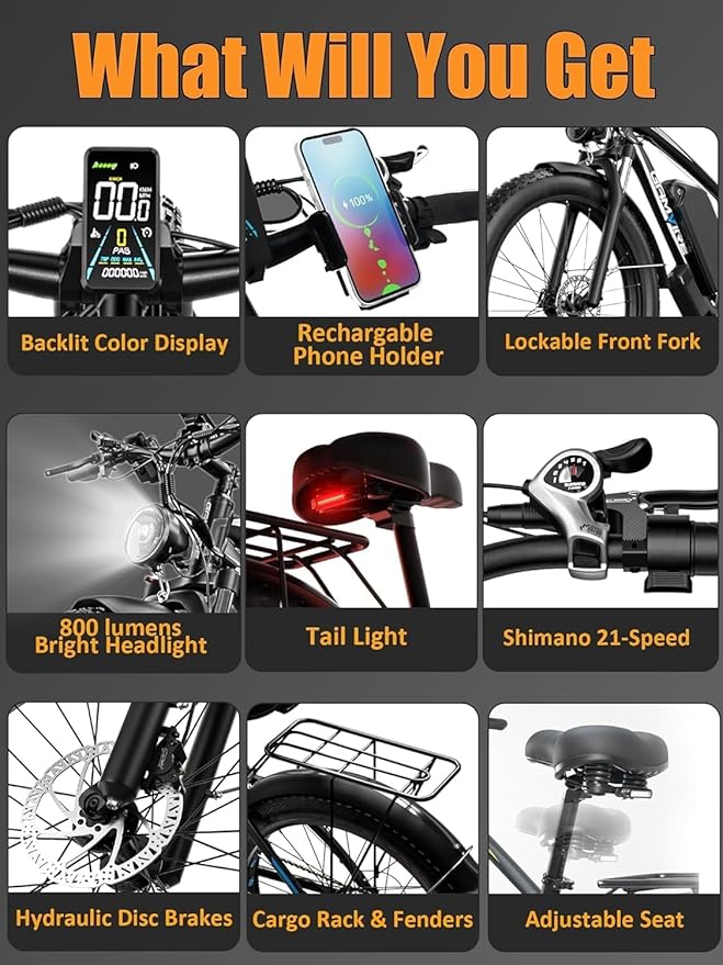 Ebike for Adults Electric, 52V 19.2Ah/32Ah, Peak 2000W/2500W E-Bike, 36/40MPH, 70 Miles/100Miles, Hydraulic Disc Brake, Off Road Snow Mountain E-Bike, 24"/26" Fat Tire Electric Bicycle UL2849 by SGS