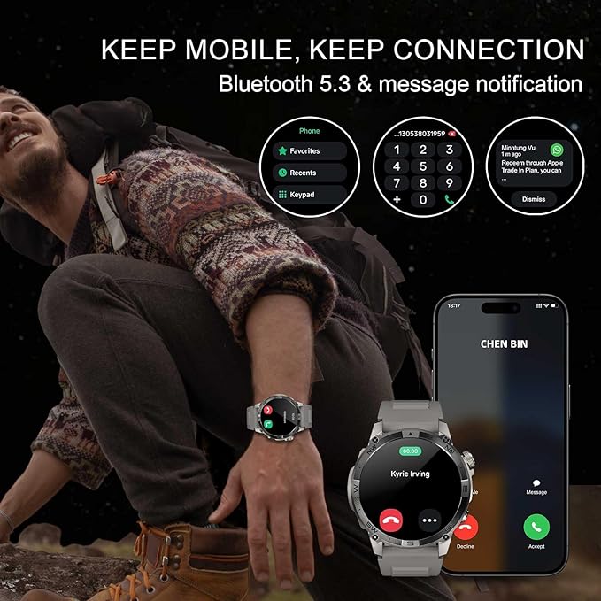 GPS Smartwatch for Men, 1.43" AMOLED Rugged Military Smart Watches Make/Answer Call, Sport Watch with 530 mAh Large Battery/3ATM Waterproof/Compass/Air Pressure/Altitude for Android iOS