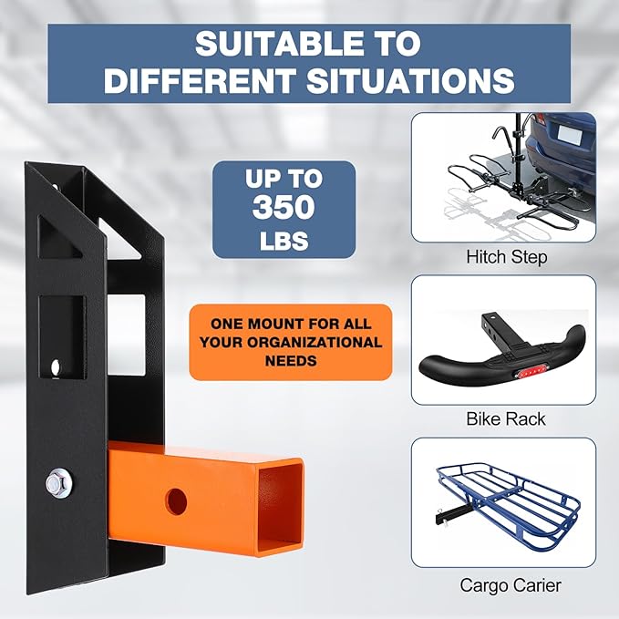 Hitch Wall Mount 2" Receiver Bike and Cargo Rack Storage Foldable Garage Organizer Holds up to 350 Lbs, Compatible with Trailer Hitch Bicycle, Ski Racks