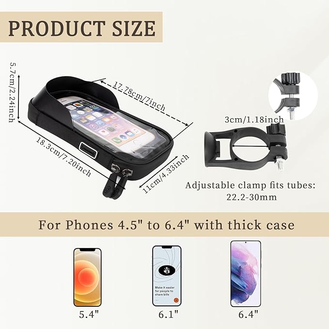 PSLER Bike Frame Bag Waterproof - Bike Top Tube Bag, Mountain Biking Accessories & Bicycle Pouch, Bicycle Top Tube Bag Accessories for Phones 4.5" to 6.4", Fits 22.2-30mm Tubes, Small