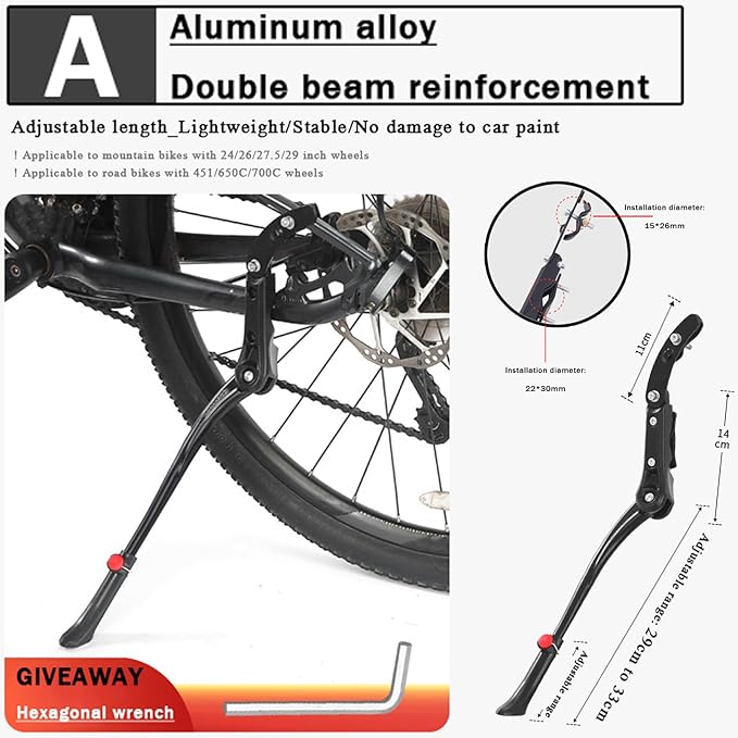 Bike Kickstand for Trek 8.6 Elite 820 820 WSD 830 8300 8500 910 920 930, Aluminum Adjustable Kickstand Foot Side Stand Suppor Rear Side Bicycle Stand with Non-Slip Rubber Foot,A