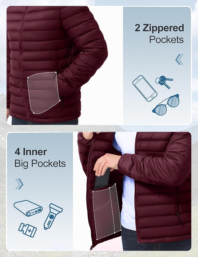 Men's Lightweight Packable Puffer Jacket Insulated Warm Winter Jackets Puffy Coat for Ski Hiking Travel