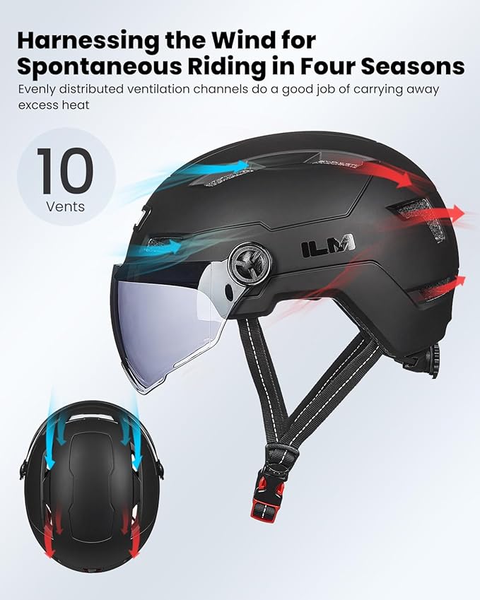 ILM Adult Bike Helmet with USB Rechargeable LED Front and Back Light Mountain&Road Bicycle Helmets for Men Women Removable Goggle Cycling Helmet E3-10L