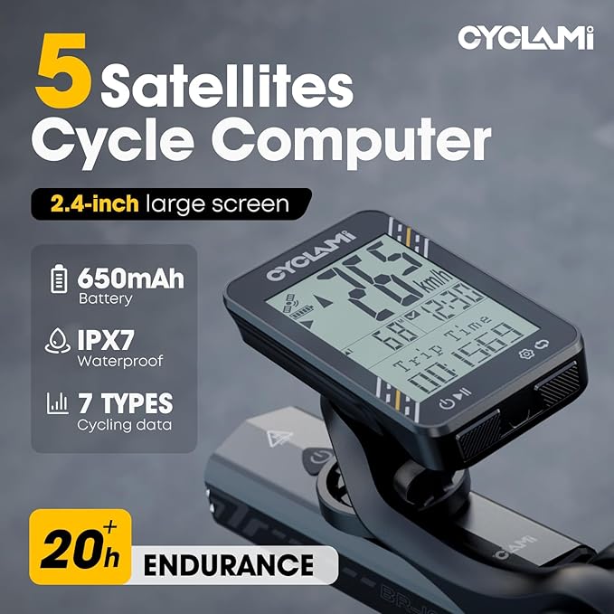 Bike Computer Wireless - 5-Satellite GPS Cycling Speedometer | 2.4" Sun-Readable Screen | 50g Ultralight | 20+H Battery IPX7 Waterproof Bicycle GPS for Road/MTB Bikes (No Bluetooth connection)