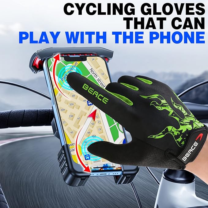 BEACE Cycling Gloves for Men Women - Full Finger Mountain Bike Gloves With Touch Screen and Anti-Slip Silicone Palm - Workout and Road Bicycle Gloves