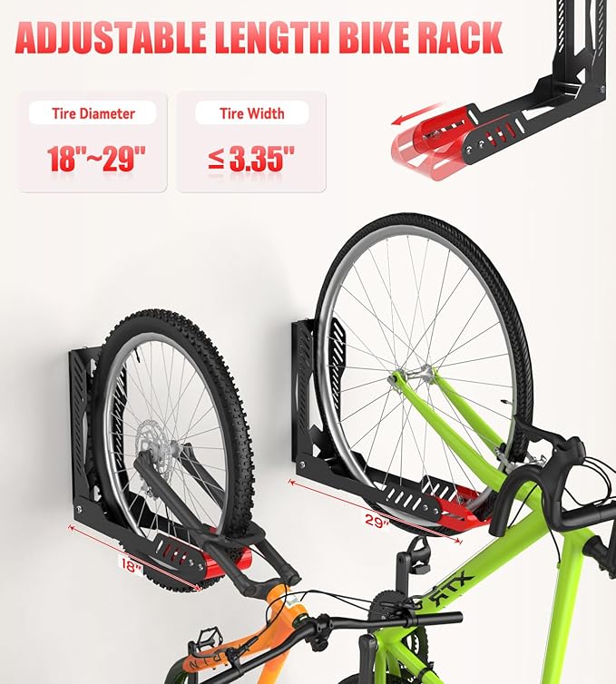 Swivel Bike Wall Mount 2 Pack Bike Rack for Garage, No Heavy Lifting Required Wall Bike Hangers Can Holds up to 77 lbs (Black & Red)