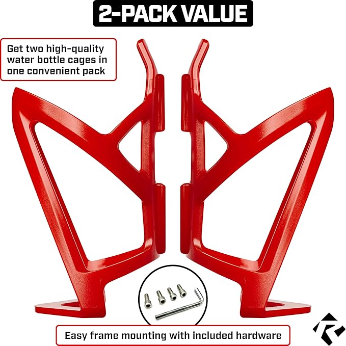 Revere Ultra-Light Bike Water Bottle Holder – Durable Bicycle Bottle Cage for Road, MTB, & Mountain Bikes – 2-Pack with Screws & Installation Tool – Premium Cycling Accessories (Red)