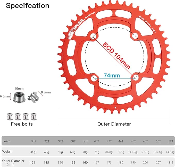 CYSKY 104 BCD Chainring 30T to 52T Narrow Wide Chainring with Sprocket Bolts for 1x Set-up Road Bike Mountain Bike BMX MTB Gravel Ebike