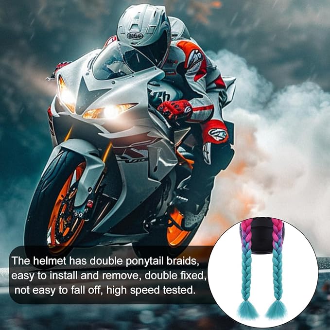 Helmet Pigtail Braids, 2PCS Motorcycle Helmet Ponytail Hair Tails Braid with Detachable Suction Cup, Hel-met Not Included, Bike Decoration Accessories, Universal for Bicycle Motorbike (Style1)