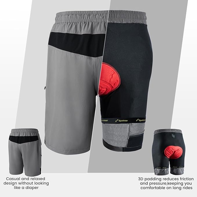 Sportneer Bike Shorts for Men: 3D Padded Lightweight Riding Biking Cycling Mountain Bike Shorts for Men with Zipper Pockets