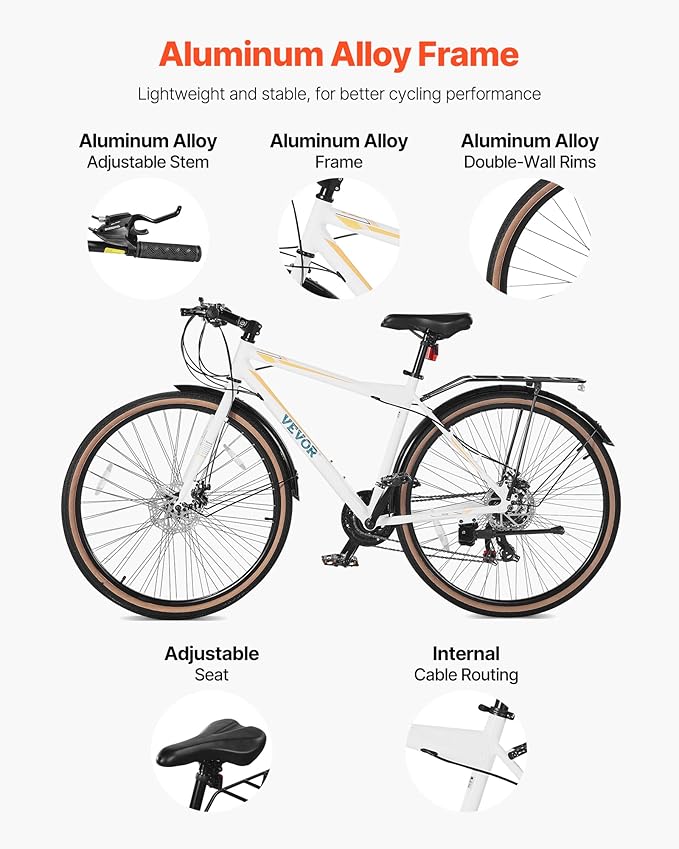VEVOR Hybrid Bike, Lightweight Aluminum Frame Bike, 700c Wheel Men Women Hybrid Bicycle, Step-Over/Step-Through Adult Urban City Commuter Bikes, with 7/24 Speed, Alloy Adjustable Stem and Seat