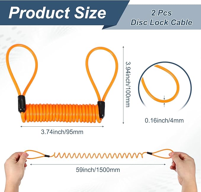 2-Pack Disc Lock Security Steel Cable, 59inch/1500mm PVC Coated Spring Reminder Wire Anti-Theft Rope for Outdoors Protection/Bicycle U-Lock, Motorcycle Reminder Cable [Orange]