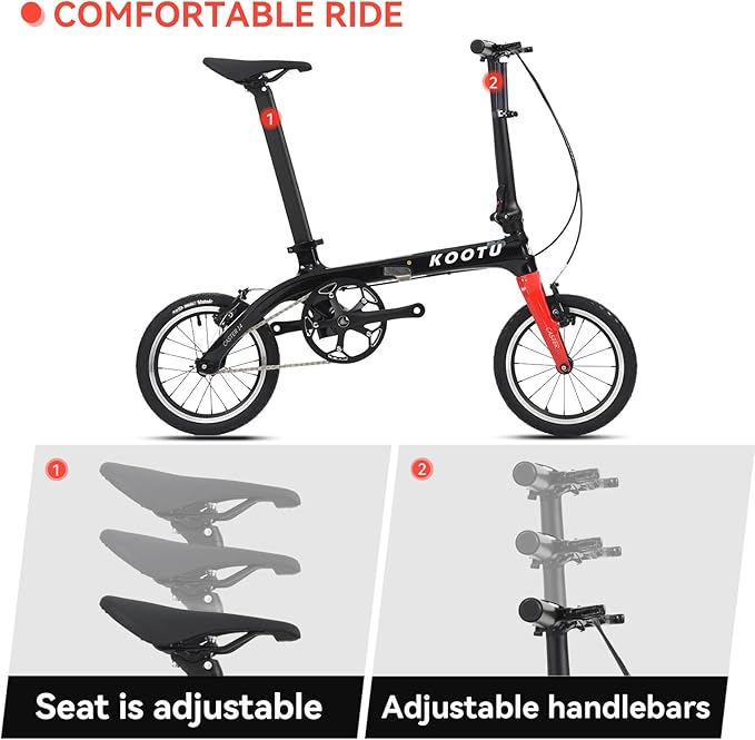 KOOTU Carbon Fiber Folding Bicycle 14-inch Wheel Student Bike One-Touch Folding Bike 6.7 Kg Mini Single-Speed Bike with Bell