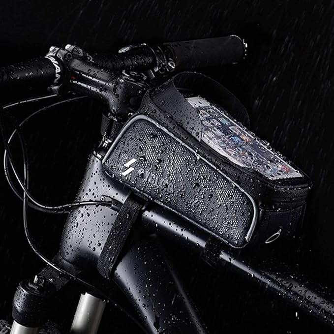 Bike Frame Bag, Bike Phone Mount, Waterproof Bicycle Handlebar Bag Cycling Front Top Tube Pouch Pannier Bike Phone Holder Stand for iPhone 16 15 14 13 12 11 Pro Max XS Samsung Smartphones Below 6.5''