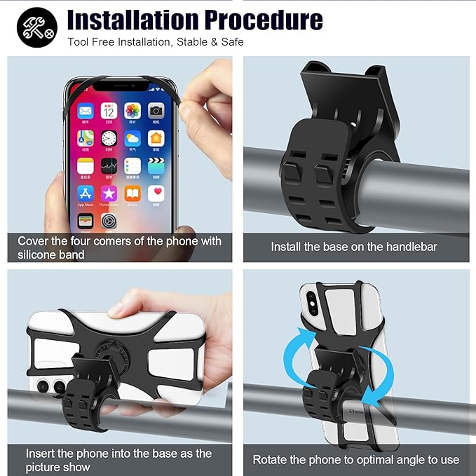 Detachable Bike Phone Holder, Universal Bicycle Motorcycle Cell Phone Mount, 360° Rotatable Adjustable Bike Phone Mount Compatible for 4" to 6.7" Smartphones