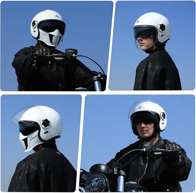 TRIANGLE Full Face Motorcycle Helmets,Off-Road Motocross Helmet for Men & Women,Dual Visor with Internal Tinted Sunshield,Open Face 3/4 Adult Racing Helmet DOT Approved(White,XL)