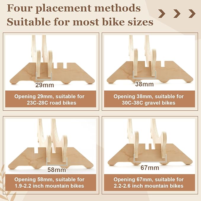 1 Pack Wooden Stationary Bike Floor Stand Bicycle Indoor Storage 4 Adjustable Sizes Fit Commuter, Mountain, Road, Gravel Bikes Etc, Bike Wheel Wooden Display Stop Suitable for Home (Solid)