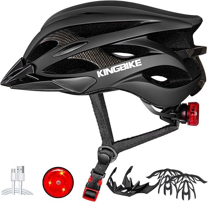 KINGBIKE Bike Helmet for Adult Men Women Youth Road Commute Mountain Cycling Helmets with USB Rechargeable Light Replaceable Padding and Visors Lightweight 20.4-23.6in