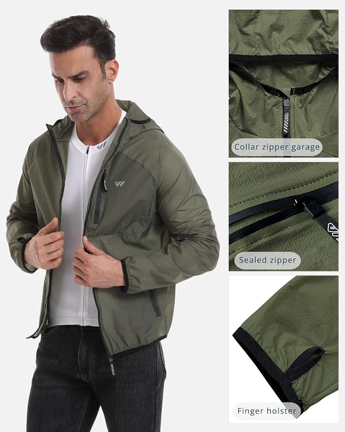 Wulibike Mens Windbreaker Jackets Lightweight men's cycling jacket with Hood Unisex Packable Golf Running Wind Breaker Jacket
