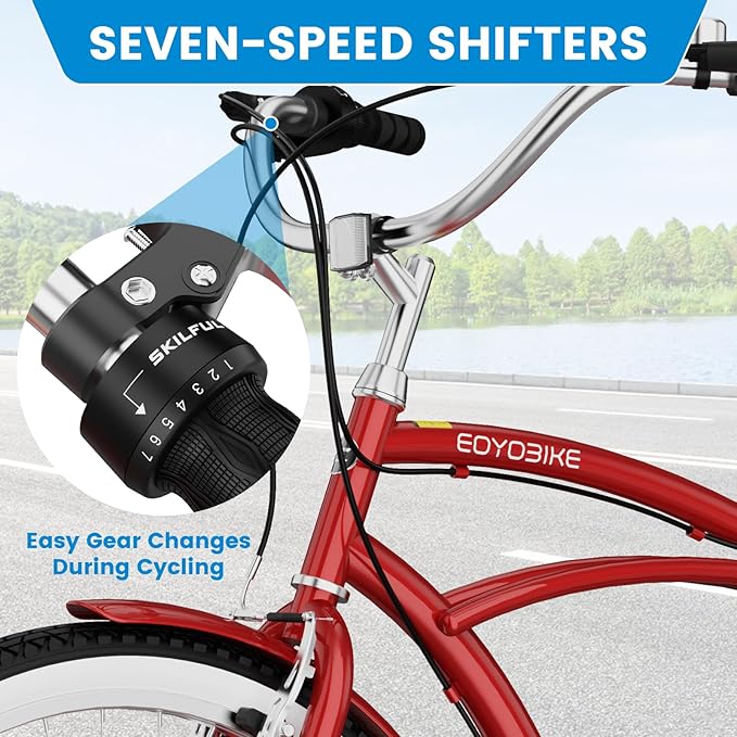 MOPHOTO 24" 26" Adult Bike 7-Speed Beach Cruiser Bike for Adults, Rear Rack, Fenders, Step-Through or Classic Frame