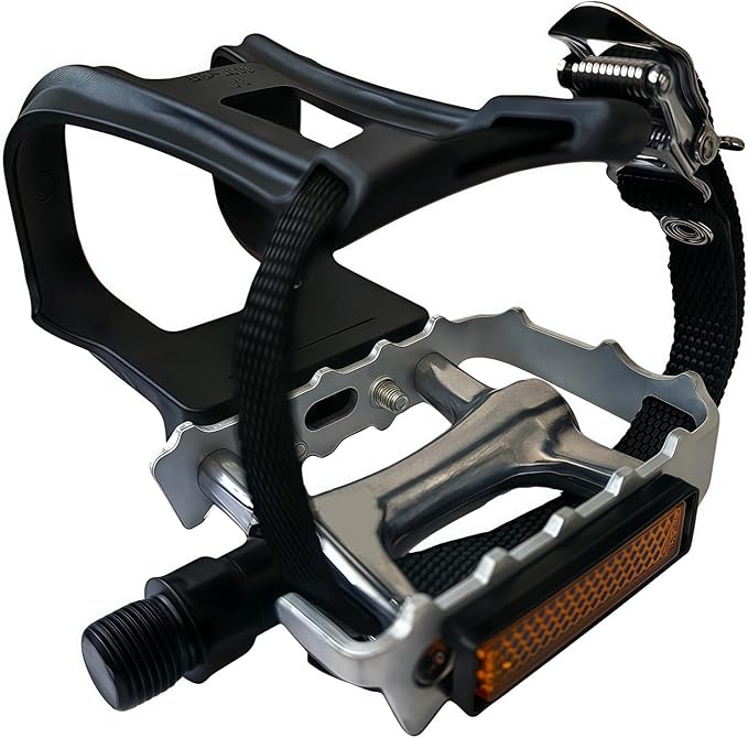 YBEKI All-Terrain Bike Pedals with Toe Clips & Adjustable Straps Dual-Purpose Resin/Alloy Bicycle Pedals 9/16" Spindle - Indoor/Outdoor Use for Exercise/Spin/Road Bikes MTB